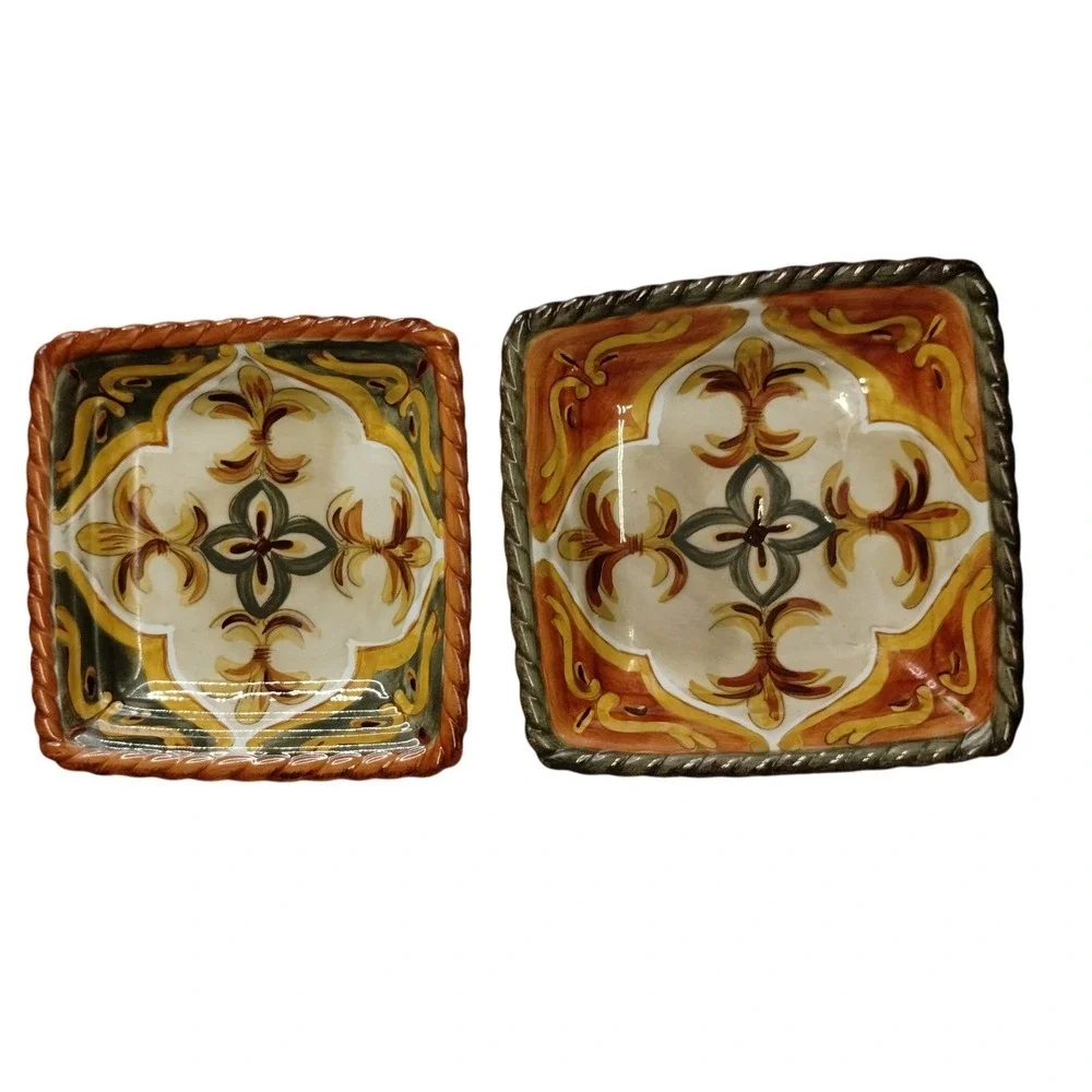 Artimino Siena Tuscan Square Plates Set of 2 Italy‎ Hand Painted Rope Rim